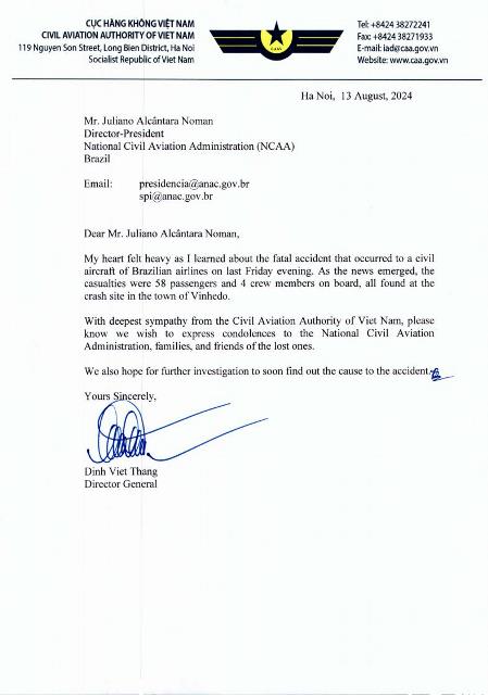 The Civil Aviation Authority of Viet Nam cabled the National Civil Aviation Administration of Brazil to express condolences for a plane crash on August 9, 2024
