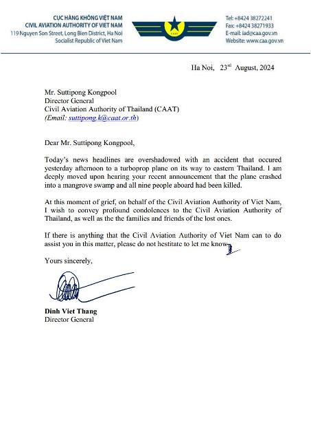 Cục Hàng không Việt Nam gửi Thư chia buồn tới Cục Hàng không dân dụng Thái Lan về vụ tai nạn máy bay ngày 22 tháng 8 năm 2024