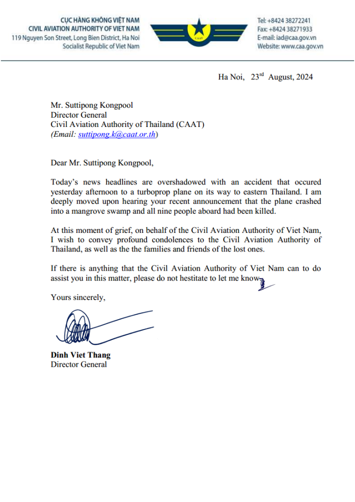 The Civil Aviation Authority of Viet Nam cabled the Civil Aviation Authority of Thailand  to express condolences for a plane crash on August 22, 2024