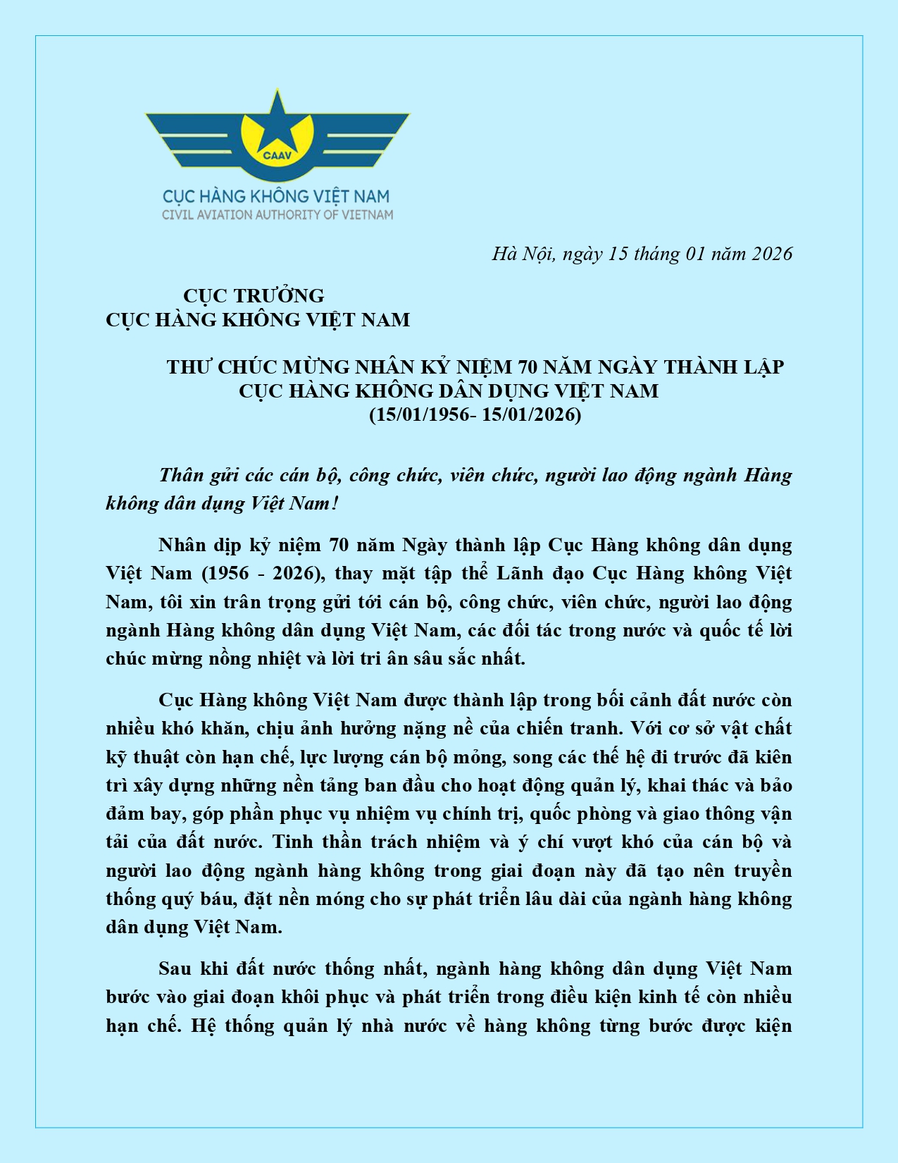 Cục trưởng Cục Hàng không Việt Nam Uông Việt Dũng gửi Thư chúc mừng Chủ tịch Hội đồng Tổ chức Hàng không dân dụng quốc tế (ICAO)