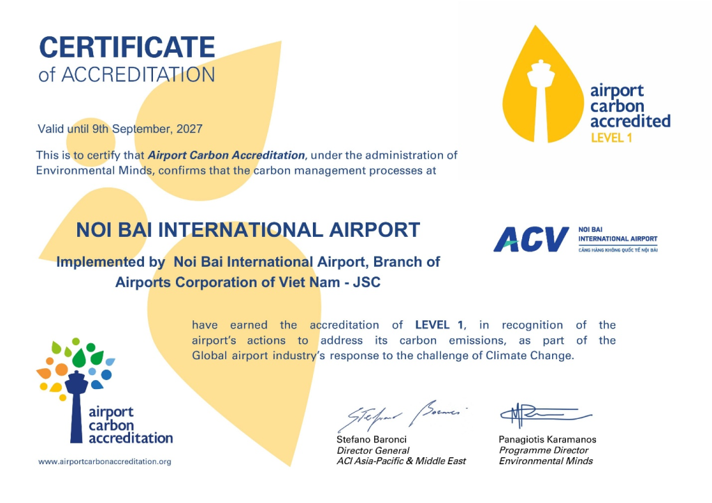 Cảng HKQT Nội Bài – Cảng hàng không đầu tiên tại Việt Nam đạt chứng nhận Airport Carbon Accreditation cấp độ 1